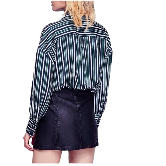 EUC Free People Blue Green Stripe Oversized Mad About You Button Down Shirt - Picture 9 of 15